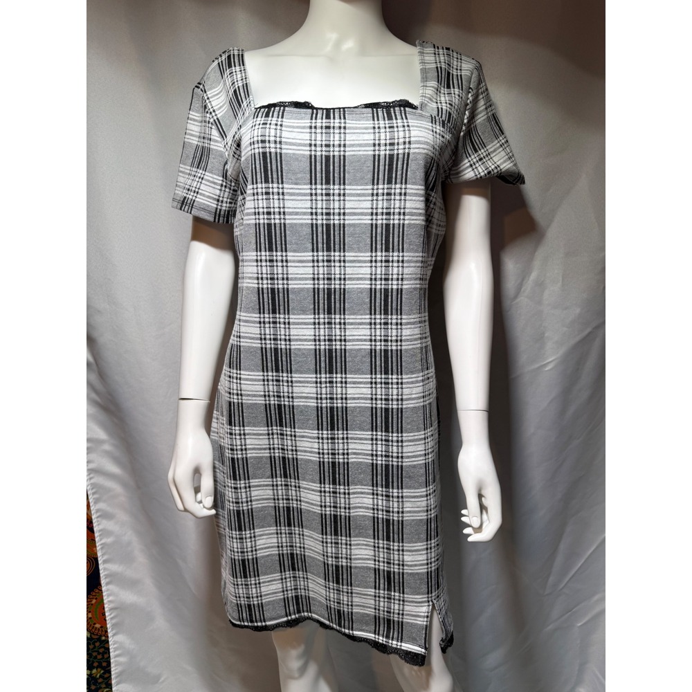 Stitch &‎ Pine XL Plaid Dress Black White Square Neck Short Sleeve Lace Trim